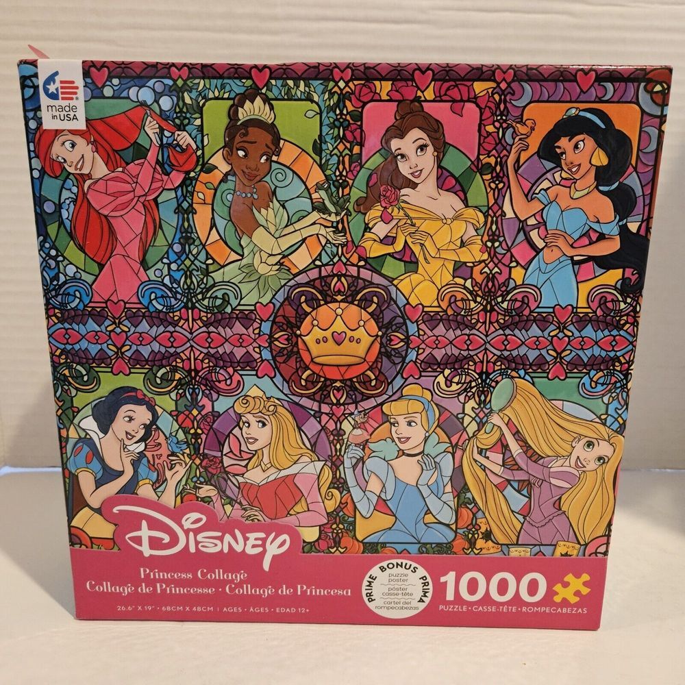 Disney Princess Collage Stained Glass Puzzle Mosaic 1000 Piece Puzzle & Poster